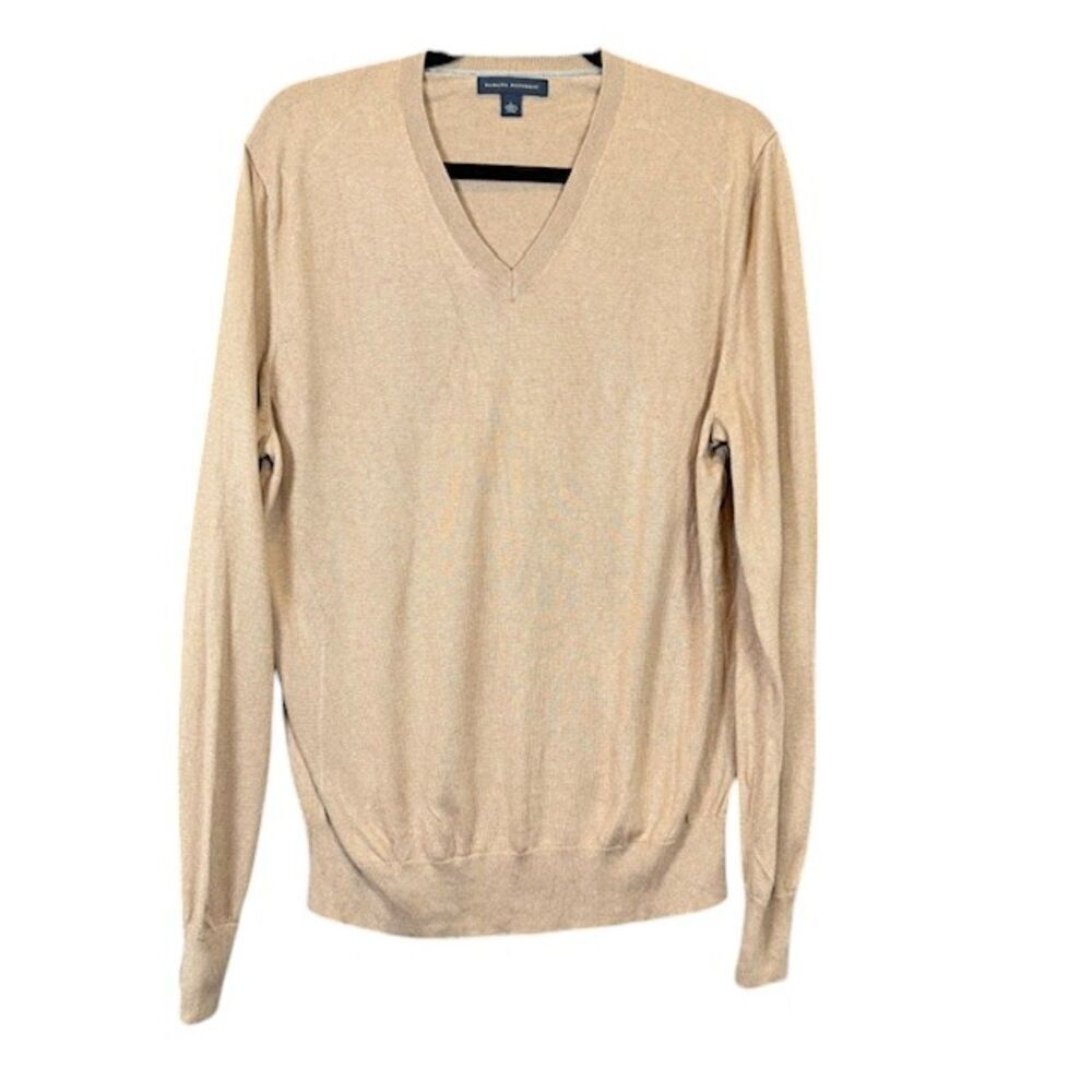 Banana Republic Silk Cashmere V-Neck Sweater Camel Tan Large Luxury Knitwear Men